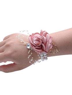 Abbie Home Decent Wrist Corsage for Prom Party Wedding Ball Event Silk Rose Rhinestone Hand Flower Classic Pearl Bracelet (Burgundy)