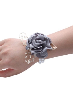 Abbie Home Decent Wrist Corsage for Prom Party Wedding Ball Event Silk Rose Rhinestone Hand Flower Classic Pearl Bracelet (Burgundy)