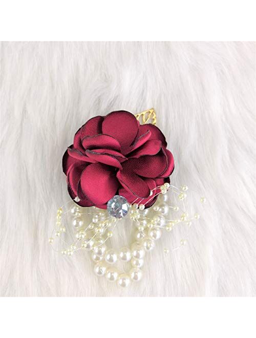 Abbie Home Decent Wrist Corsage for Prom Party Wedding Ball Event Silk Rose Rhinestone Hand Flower Classic Pearl Bracelet (Burgundy)