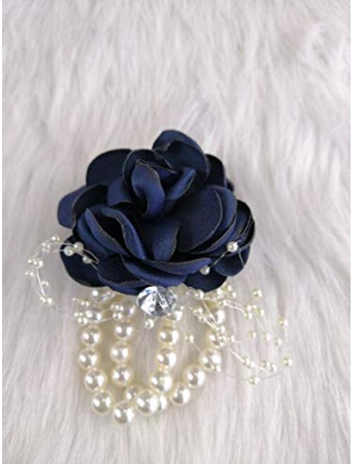 Abbie Home Decent Wrist Corsage for Prom Party Wedding Ball Event Silk Rose Rhinestone Hand Flower Classic Pearl Bracelet (Burgundy)