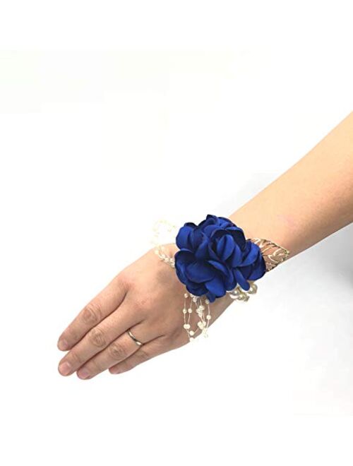 Abbie Home Decent Wrist Corsage for Prom Party Wedding Ball Event Silk Rose Rhinestone Hand Flower Classic Pearl Bracelet (Burgundy)