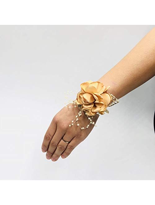 Abbie Home Decent Wrist Corsage for Prom Party Wedding Ball Event Silk Rose Rhinestone Hand Flower Classic Pearl Bracelet (Burgundy)