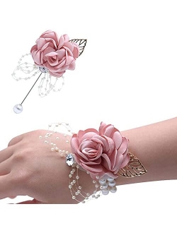 Plaoode Handmade Artificial Rose Wedding Bridal Wrist Flower Corsage Hand Flower Decor for Prom Party Wedding Homecoming (Pink)