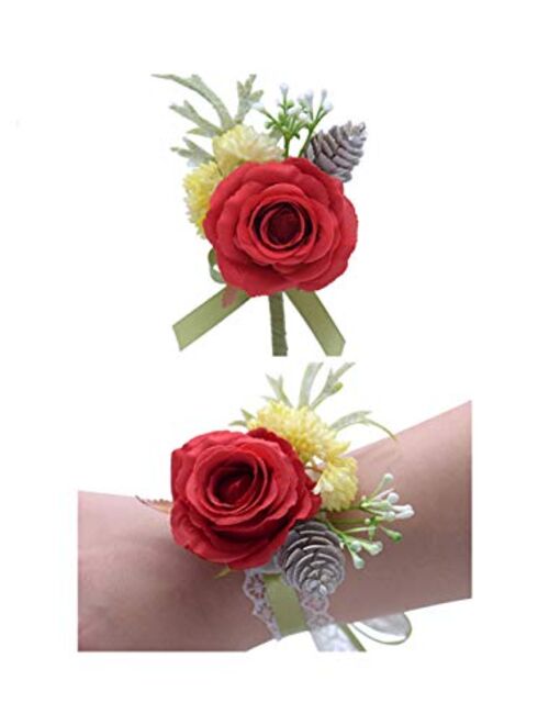 Flonding Wedding Wrist Corsage and Boutonniere Set Party Prom Hand Flower Suit Decor Ivory