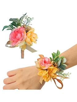 Campsis Corsage Boutonniere Set Yellow Corsage Flowers Bridal Artificial Boutonniere Set Flower Decor Girls Groom Buttonholes Groomsman Bridesmaid Lady for Prom and Dinne