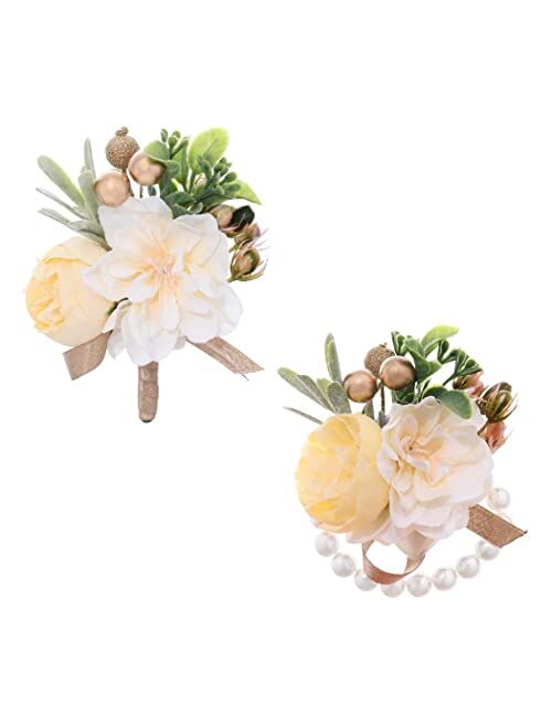 Campsis Corsage Boutonniere Set Yellow Corsage Flowers Bridal Artificial Boutonniere Set Flower Decor Girls Groom Buttonholes Groomsman Bridesmaid Lady for Prom and Dinne