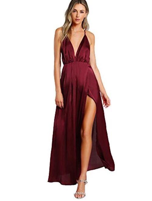 SheIn Women's Sexy Satin Deep V Neck Backless Maxi Club Party Evening Dress