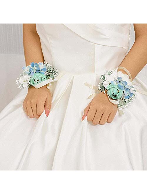 Campsis Wedding Bride Flower Wrist Corsage Blue Handmade Leaves Bridal Hand Flower Bride Bridesmaid Wristlet for Prom Party Beach Photography 2PCS