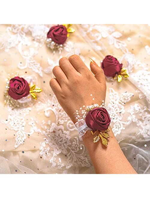 Campsis Bridesmaid Wrist Flowers Red Rose Wrist Corsage Stretch Silk Hand Flower Corsage Set with Pearl Metal Leaf Bride Bridal Girls Accessories for Wedding and Prom(4pc