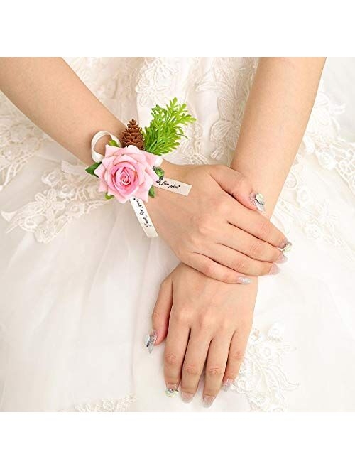 Campsis Wedding Wrist Corsage Boutonniere Set Pink Rose Buttonhole Wrist Flower Bride Groom Wristband Buttonhole Best Man Bridesmaids for Engagement Prom Party Beach Phot