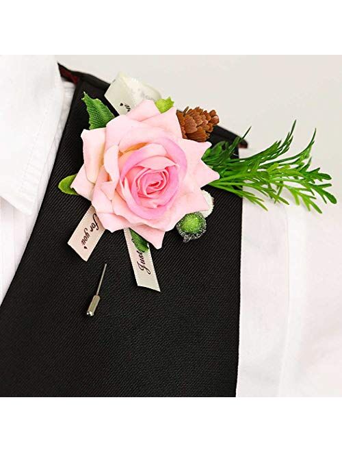 Campsis Wedding Wrist Corsage Boutonniere Set Pink Rose Buttonhole Wrist Flower Bride Groom Wristband Buttonhole Best Man Bridesmaids for Engagement Prom Party Beach Phot