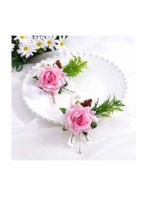 Campsis Wedding Wrist Corsage Boutonniere Set Pink Rose Buttonhole Wrist Flower Bride Groom Wristband Buttonhole Best Man Bridesmaids for Engagement Prom Party Beach Phot