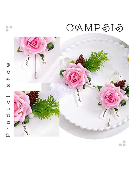 Campsis Wedding Wrist Corsage Boutonniere Set Pink Rose Buttonhole Wrist Flower Bride Groom Wristband Buttonhole Best Man Bridesmaids for Engagement Prom Party Beach Phot