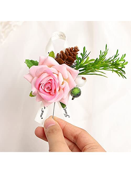 Campsis Wedding Wrist Corsage Boutonniere Set Pink Rose Buttonhole Wrist Flower Bride Groom Wristband Buttonhole Best Man Bridesmaids for Engagement Prom Party Beach Phot