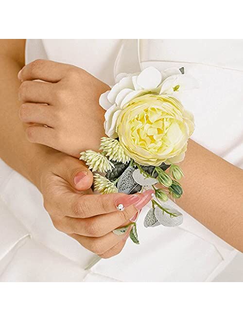 Campsis Wedding Bride Flower Wrist Corsage White Handmde Leave Wristlet Bridal Bridesmaid Hand Flower Prom Party Beach Photography 2PCS