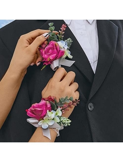 Campsis Wedding Corsage Boutonniere Set Pink Rose Flower Wrist Bride Buttonholes Flower Decor Bride Girls Lady Accessories for Prom and Dinner Party(2pcs)