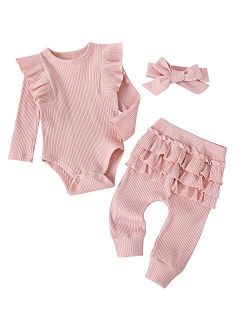 Fullfamous Baby Girl's 3pc Rib Frill Long Sleeve Romper and Pant Set