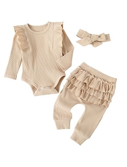 Fullfamous Baby Girl's 3pc Rib Frill Long Sleeve Romper and Pant Set