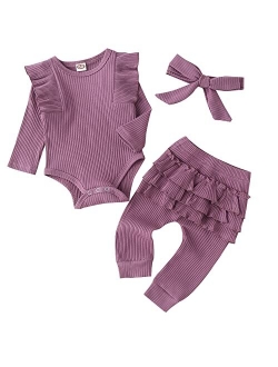 Fullfamous Baby Girl's 3pc Rib Frill Long Sleeve Romper and Pant Set