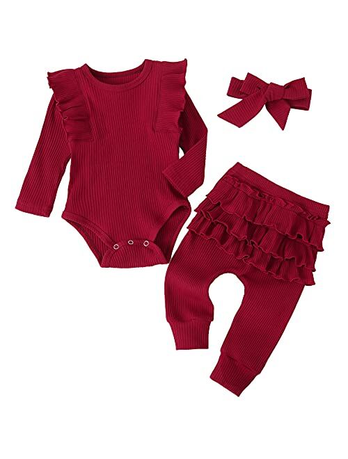 Fullfamous Baby Girl's 3pc Rib Frill Long Sleeve Romper and Pant Set