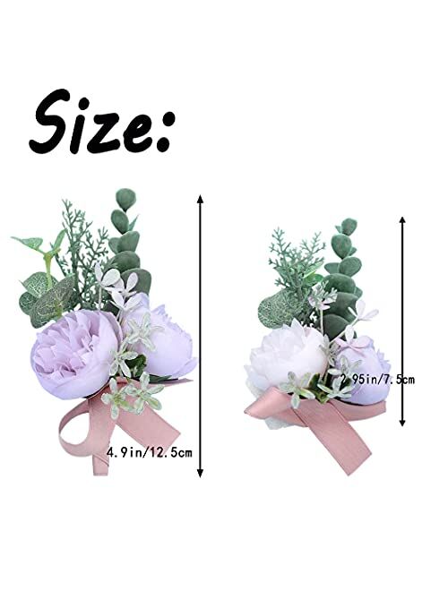 Campsis Bridal Corsage for Wedding Purple Artificial Boutonniere Set Elastic Corsage Boutonniere Set Flower Decor Girls Groom Groomsman Bridesmaid Lady for Prom and Dinne