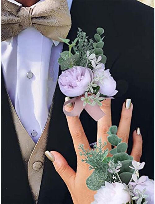 Campsis Bridal Corsage for Wedding Purple Artificial Boutonniere Set Elastic Corsage Boutonniere Set Flower Decor Girls Groom Groomsman Bridesmaid Lady for Prom and Dinne