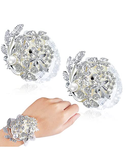 Mtlee 2 Pieces Artificial Wrist Bouquet Corsage Flower Rhinestone Flower Wrist Corsage Silk Wrist Flower with Peal and Diamond for Wedding Decor Cocktail Party Ceremony A