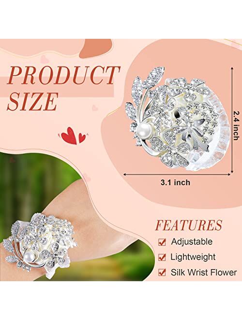 Mtlee 2 Pieces Artificial Wrist Bouquet Corsage Flower Rhinestone Flower Wrist Corsage Silk Wrist Flower with Peal and Diamond for Wedding Decor Cocktail Party Ceremony A