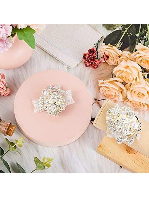 Mtlee 2 Pieces Artificial Wrist Bouquet Corsage Flower Rhinestone Flower Wrist Corsage Silk Wrist Flower with Peal and Diamond for Wedding Decor Cocktail Party Ceremony A