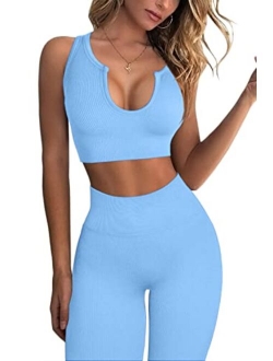 FAFOFA Workout Outfits for Women 2 Piece Ribbed Seamless Crop Tank High Waist Yoga Leggings Sets