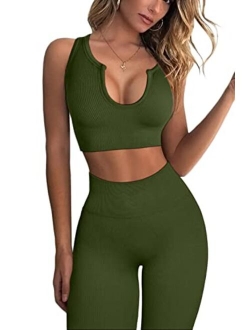 FAFOFA Workout Outfits for Women 2 Piece Ribbed Seamless Crop Tank High Waist Yoga Leggings Sets