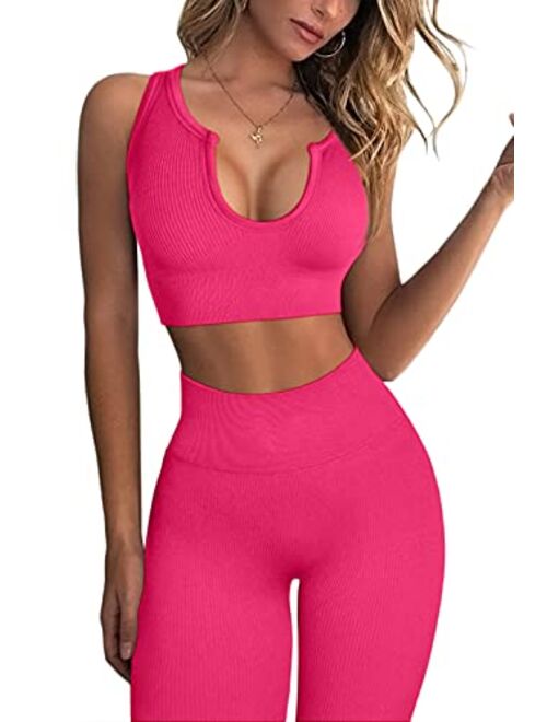 Qinsen FAFOFA Workout Outfits for Women 2 Piece Ribbed Seamless Crop Tank High Waist Yoga Leggings Sets