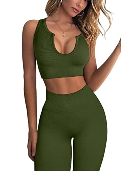 Qinsen FAFOFA Workout Outfits for Women 2 Piece Ribbed Seamless Crop Tank High Waist Yoga Leggings Sets