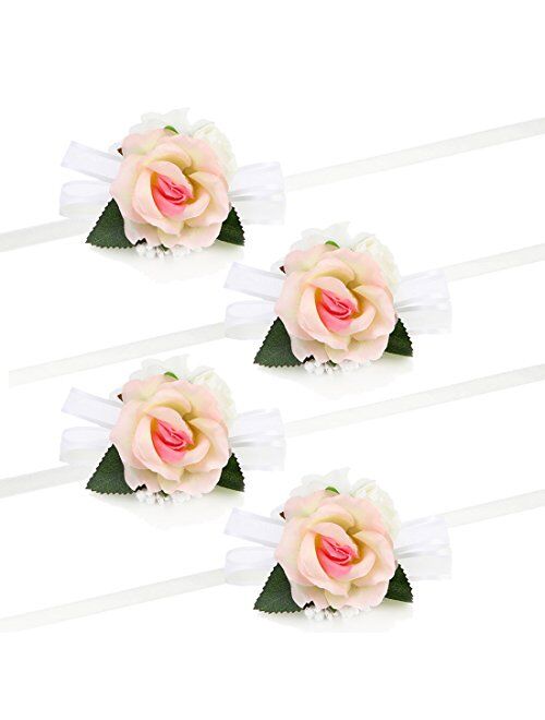 Toes Home Pack of 4 Girl Bridesmaid Wedding Wrist Corsage Party Prom Hand Flower Decor (Blue)