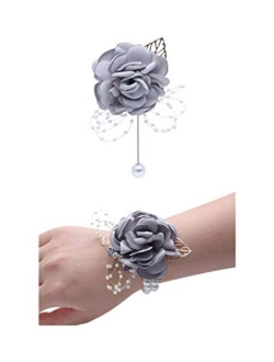 Flonding Rose Wedding Wrist Corsage and Boutonniere Set Party Prom Hand Ribbon Flower Suit Decor (Champagne Pink)