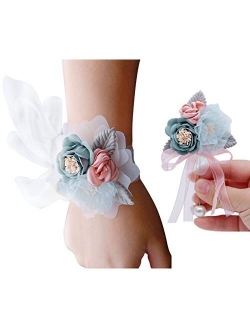 Veido Wrist Flower Corsage Rose Flowers Brooch for Wedding Party Prom Wristband Flower Set 2 Pack Corsage04 (Burgundy)