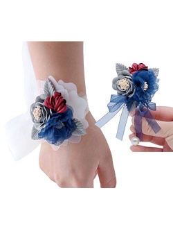 Veido Wrist Flower Corsage Rose Flowers Brooch for Wedding Party Prom Wristband Flower Set 2 Pack Corsage04 (Burgundy)