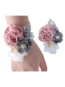 Veido Wrist Flower Corsage Rose Flowers Brooch for Wedding Party Prom Wristband Flower Set 2 Pack Corsage04 (Burgundy)