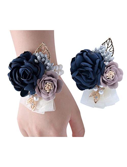 Veido Wrist Flower Corsage Rose Flowers Brooch for Wedding Party Prom Wristband Flower Set 2 Pack Corsage04 (Burgundy)