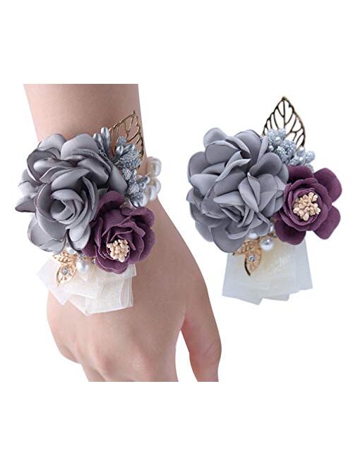 Veido Wrist Flower Corsage Rose Flowers Brooch for Wedding Party Prom Wristband Flower Set 2 Pack Corsage04 (Burgundy)