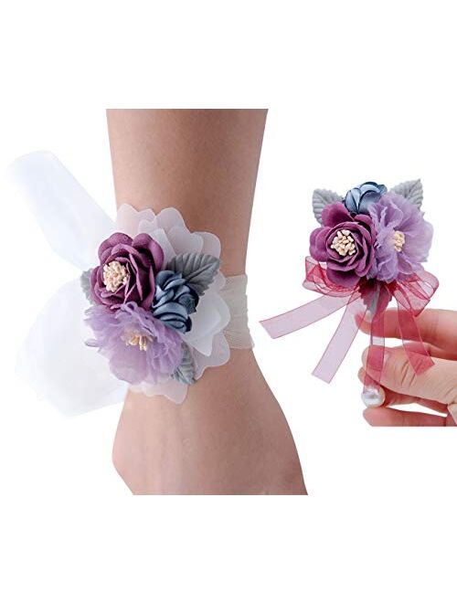 Veido Wrist Flower Corsage Rose Flowers Brooch for Wedding Party Prom Wristband Flower Set 2 Pack Corsage04 (Burgundy)