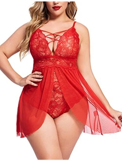 Plus Size Babydoll Womens Snap Crotch Lingerie V Neck Lace Nighty Mesh Sleepwear L-5XL