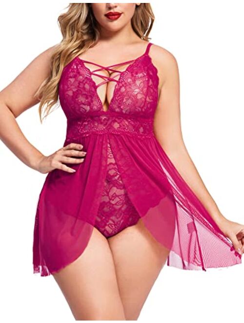 Avidlove Plus Size Babydoll Womens Snap Crotch Lingerie V Neck Lace Nighty Mesh Sleepwear L-5XL