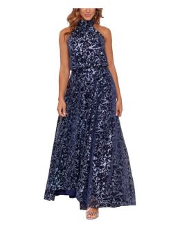 Printed Mock-Neck Metallic Blouson Gown