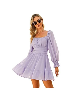 EXLURA Women Tie Back Long Lantern Sleeve Square Neck Ruffle Dress Elastic Waist Aline Casual Mini Dress