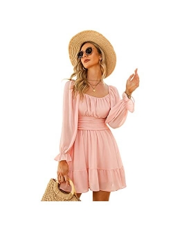 EXLURA Women Tie Back Long Lantern Sleeve Square Neck Ruffle Dress Elastic Waist Aline Casual Mini Dress