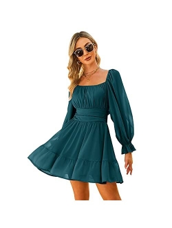 EXLURA Women Tie Back Long Lantern Sleeve Square Neck Ruffle Dress Elastic Waist Aline Casual Mini Dress