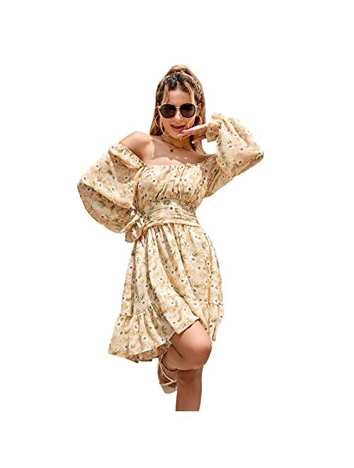 EXLURA Women Tie Back Long Lantern Sleeve Square Neck Ruffle Dress Elastic Waist Aline Casual Mini Dress