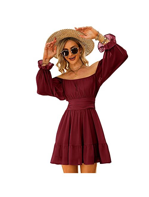 EXLURA Women Tie Back Long Lantern Sleeve Square Neck Ruffle Dress Elastic Waist Aline Casual Mini Dress