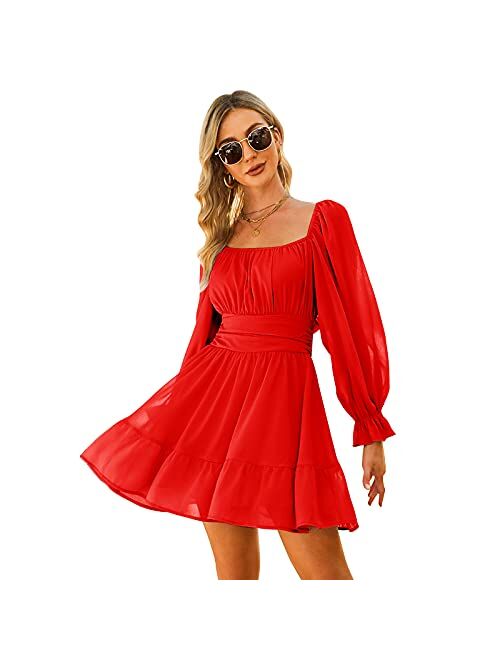 EXLURA Women Tie Back Long Lantern Sleeve Square Neck Ruffle Dress Elastic Waist Aline Casual Mini Dress